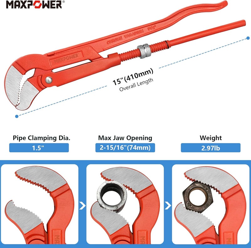 Max Power مفتاح أنابيب سويدي 15 بوصة، فك على شكل S - Image 2